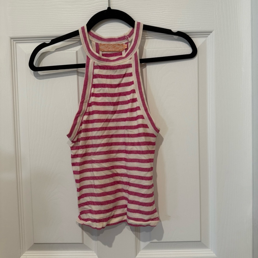 Striped Pink and White Tank Top with Halter Style Neckline and Racerback